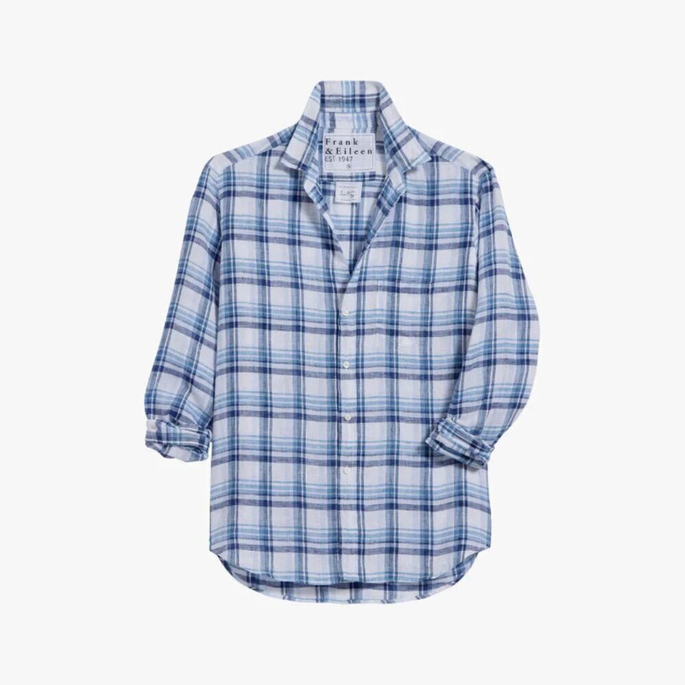 Frank & Eileen Blue and White Plaid Linen Button Down Shirt Size XS 26969